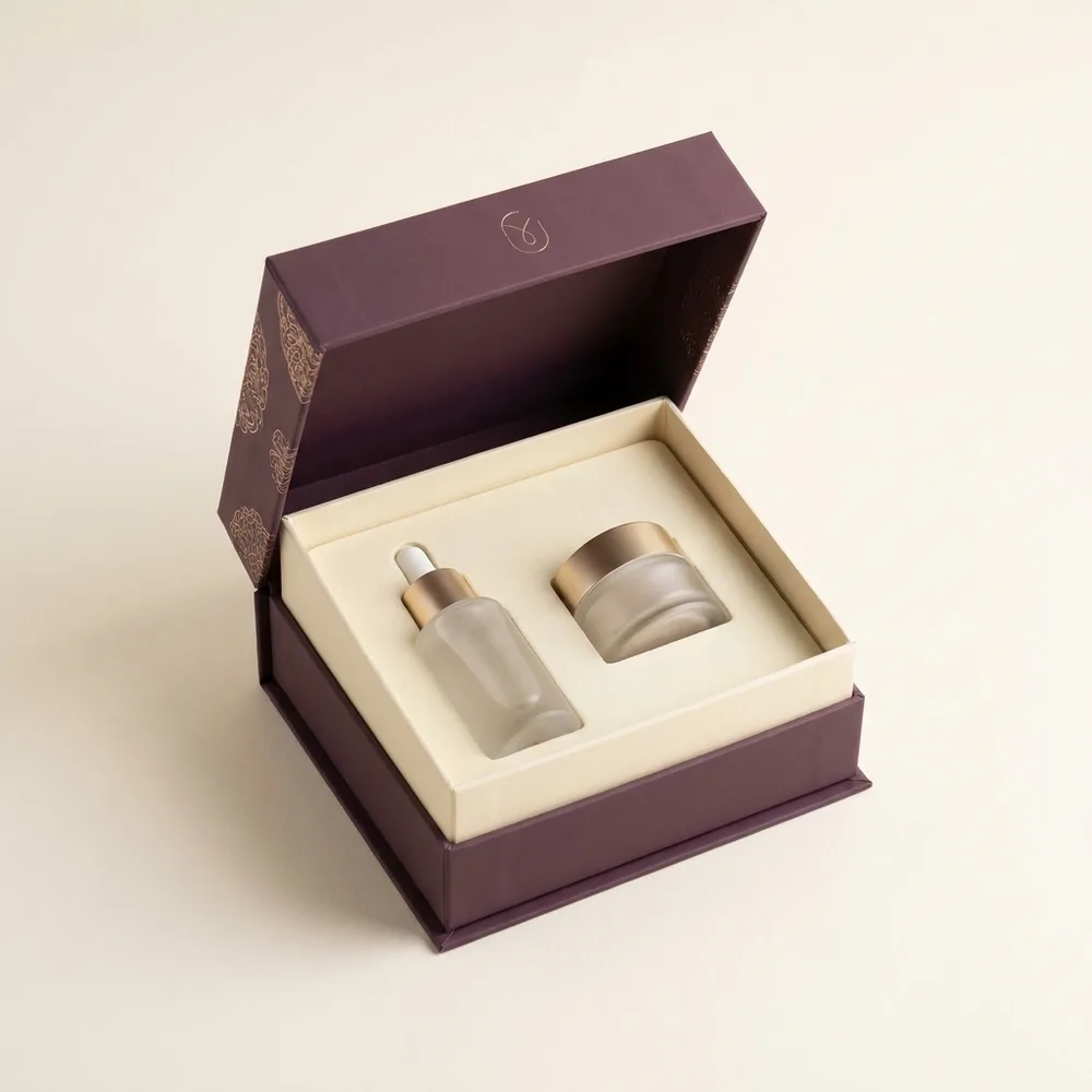 Luxury skincare packaging with foil stamping and soft-touch finish
